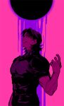  1boy arm_up black_circle black_shirt circle fate/stay_night fate_(series) j_(onjj) kotomine_kirei looking_at_viewer medium_hair monochrome muscular parted_bangs pink_background shirt smirk solo standing teeth upper_body 