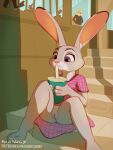  anthro artist_name barefoot biped black_clothing clothed clothing container cup detailed_background digital_media_(artwork) disney dress drinking drinking_straw electronics english_text european_rabbit eyebrows feet female fur genitals grey_body grey_fur group headphones holding_container holding_cup holding_object judy_hopps lagomorph leporid long_ears mammal no_underwear oryctolagus pink_clothing pink_dress pink_nose public public_exposure purple_eyes pussy rabbit sitting sniffsnorf solo solo_focus straw_in_mouth text underwear upskirt url zootopia 