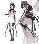  1girl bad_id bad_pixiv_id black_hair from_side hair_ornament highres holding holding_umbrella japanese_clothes looking_at_viewer medium_hair multiple_views naomasap original parted_bangs simple_background standing thighhighs umbrella white_background 