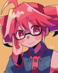  1girl ahoge bespectacled blush_stickers collared_shirt drill_hair glasses hand_up kasane_teto long_sleeves looking_at_viewer orange_background pink_hair red_eyes shirt sleeveless sleeveless_shirt smile solo twin_drills utau yuusuke-kun 