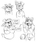 anthro backwards_baseball_cap backwards_cap backwards_hat baseball_cap blep bovid canid canine canis caprine clothing crossed_arms darwin_(tinydeerguy) deer dialog_balloon dialogue domestic_dog english_text eyewear facial_hair five_guys gary_(tinydeerguy) glasses goat goatee group hat headgear headwear hi_res horn male mammal matt_riskely model_sheet monochrome open_mouth overweight overweight_male sam_(tinydeerguy) simple_background smile teeth_showing text tinydeerguy tongue tongue_out tongue_showing white_background