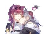  2girls :&lt; ;o animal_ears black_gloves black_jacket cat_ears collared_shirt critter_pick_(honkai:_star_rail) earrings eye_contact eyewear_on_head flying_sweatdrops gloves hand_on_another&#039;s_head hand_on_another&#039;s_shoulder head_on_another&#039;s_shoulder headpat heads_together highres honkai:_star_rail honkai_(series) jacket jewelry kafka_(honkai:_star_rail) kemonomimi_mode looking_at_another motuwangchuan multiple_girls off_shoulder one_eye_closed one_eye_covered parted_lips pince-nez purple_eyes purple_gloves purple_hair round_eyewear shirt simple_background stelle_(honkai:_star_rail) sunglasses trailblazer_(honkai:_star_rail) upper_body white_background white_shirt yellow_eyes yuri 