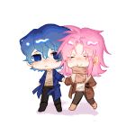  2boys belt black_footwear black_pants blue_belt blue_coat blue_eyes blue_hair boots brown_coat brown_footwear brown_sweater chibi chibi_only chinese_commentary closed_eyes closed_mouth coat commentary_request from_behind fur-trimmed_coat fur_trim hair_between_eyes hatsutori_hajime highres holding_hands ink-mary long_hair long_sleeves male_focus multiple_boys open_belt open_clothes open_coat pants parted_bangs pink_hair saibou_shinkyoku short_hair simple_background smile sweater turtleneck turtleneck_sweater utsugi_noriyuki walking white_background white_sweater 