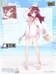  1girl 2021 abaddon_(benghuai_xueyuan) benghuai_xueyuan character_name chibi copyright_name full_body hair_ornament hairclip hat highres holding honkai_(series) logo long_hair official_art pointy_ears red_eyes red_hair sandals second-party_source solo swimsuit 