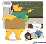  alphys anthro avian berdly big_butt biped bird blush bottomwear breasts butt chalkboard clothed clothing deltarune dialogue english_text eyelashes female group hair hi_res huge_butt human kris_(deltarune) mammal open_mouth pupils roly scalie skirt speech_bubble text thick_thighs undertale_(series) 