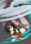  1girl bare_shoulders belt belt_buckle black_hair breasts brown_eyes brown_hair buckle commentary_request cropped_sweater dargain_x final_fantasy final_fantasy_vii final_fantasy_vii_rebirth final_fantasy_vii_remake fingerless_gloves full_body gloves green_sweater headband kneehighs looking_at_viewer midriff navel open_mouth orange_footwear orange_gloves outstretched_hand short_hair shorts sleeveless sleeveless_turtleneck small_breasts smile socks solo sweater thigh_strap turtleneck turtleneck_sweater upside-down white_socks yuffie_kisaragi 