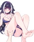  1girl animal_ears ass ass_grab ass_visible_through_thighs bare_arms bare_legs bare_shoulders barefoot bikini black_hair blue_bikini blue_eyes blush body_markings commentary facial_mark feet foot_focus foreshortening highres indie_virtual_youtuber knees_up long_hair meme miyuchiq multicolored_hair nejime official_alternate_costume orca_girl pov_cheek_grabbing_(meme) presenting_foot shylily shylily_(bikini) side-tie_bikini_bottom simple_background sitting soles solo streaked_hair swimsuit symbol-only_commentary thigh_grab thighs toes virtual_youtuber white_background white_hair 
