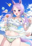  1girl absurdres animal_ears beach blue_sky breasts cloud cloudy_sky commentary_request cowboy_shot day dress ear_ornament food highres horse_ears horse_girl horse_tail ice_cream ice_cream_cone jewelry long_hair looking_at_viewer medium_breasts mejiro_mcqueen_(ripple_fairlady)_(umamusume) mejiro_mcqueen_(umamusume) navel necklace ocean official_alternate_costume open_mouth outdoors purple_eyes purple_hair sayosayo-0 scrunchie seashell_bracelet see-through sky solo_focus surprised tail umamusume water white_dress wrist_scrunchie 