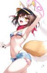  1girl absurdres animal_ear_fluff animal_ears arm_up armpits bikini blue_archive blush breasts brown_hair commentary cowboy_shot fang fox_ears fox_girl fox_tail grey_shorts hair_between_eyes hair_ornament halo highres izuna_(blue_archive) izuna_(swimsuit)_(blue_archive) looking_at_viewer medium_breasts navel open_fly open_mouth pink_halo red_scarf rope scarf scrunchie shimenawa short_hair shorts simple_background skin_fang smile solo stomach striped_bikini striped_clothes swimsuit tail thighs v white_background wrist_scrunchie yaho_(a01085748817) 