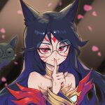  1girl ahri_(league_of_legends) animal_ears bare_shoulders black_hair closed_mouth english_commentary facial_mark finger_to_mouth fingernails fox_ears fox_girl glasses hair_between_eyes highres immortalized_legend_ahri league_of_legends long_hair looking_at_viewer official_alternate_costume phantom_ix_row pink_petals red_eyes sidelocks solo upper_body whisker_markings 