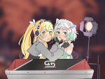 :3 aqua_dress aqua_hair black_gloves blonde_hair blurry blurry_background blush cropped_jacket detached_sleeves dokibird_(vtuber) dress english_commentary fingerless_gloves frills from_side gamer_supps gloves gradient_hair green_eyes grey_jacket headset highres indie_virtual_youtuber jacket light long_hair long_sleeves looking_at_viewer maid_headdress mint_fantome multicolored_hair rairay red_background short_hair table twintails two_side_up upper_body virtual_youtuber white_hair yuri 