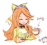  1boy 1girl alonemistrist black_bow black_bowtie blue_fur bow bowtie bug butterfly cup etie_(fire_emblem) fire_emblem fire_emblem_engage green_bow green_shirt heavy holding holding_cup orange_gemstone orange_hair shirt sommie_(fire_emblem) swept_bangs teacup tiara two-tone_fur white_fur 