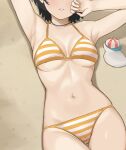  1girl armpits bikini black_hair breasts commentary_request cowboy_shot diptip green_eyes hair_ribbon head_out_of_frame highres hololive lying medium_breasts navel official_alternate_costume oozora_subaru oozora_subaru_(hololive_summer_2019) polka_dot polka_dot_ribbon ribbon rubber_duck sand short_hair solo striped_bikini striped_clothes subaru_duck swimsuit underboob virtual_youtuber whistle whistle_around_neck yellow_bikini 