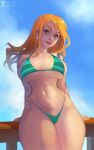  1girl against_railing arms_behind_back bikini breasts cloud cloudy_sky day earrings english_commentary green_bikini highres jewelry kate_starling large_breasts lips long_hair looking_at_viewer nami_(one_piece) narrow_waist one_piece orange_eyes orange_hair railing shoulder_tattoo sideboob sky smile solo sphere_earrings strap_gap striped_bikini striped_clothes swimsuit tattoo thick_thighs thighs underboob wide_hips 