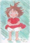  1girl absurdres barefoot bloomers brown_hair child dress feet floating_hair full_body gake_no_ue_no_ponyo highres looking_at_viewer miyazaki_hayao official_art ponyo rain red_dress scan solo traditional_media 