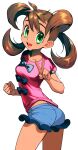  1girl :d absurdres black_bow blue_shorts bow breasts brown_hair clenched_hand commentary_request cowboy_shot eudetenis eyelashes green_eyes highres open_mouth pink_shirt pokemon pokemon_xy quad_tails shauna_(pokemon) shirt short_shorts short_sleeves shorts smile solo teeth v white_background 