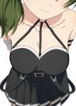  1girl arm_strap armlet arms_behind_back black_choker black_dress blurry breasts camui1104 choker cleavage depth_of_field dress green_hair hashtag-only_commentary highres large_breasts leaning_forward o-ring o-ring_choker pleated_dress side_ponytail smile solo sousou_no_frieren suspenders_hanging ubel_(sousou_no_frieren) 