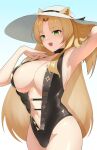  1girl absurdres animal_ears aoi_mochio arknights black_one-piece_swimsuit blonde_hair breasts fang gradient_background green_eyes hat highres large_breasts long_hair navel one-piece_swimsuit sun_hat swimsuit swire_(arknights) tiger_ears 