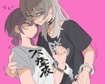  2girls black_choker black_shirt blush brown_hair choker closed_eyes closed_mouth commentary_request cuffs earclip girls_band_cry green_eyes grey_hair hand_on_another&#039;s_shoulder handcuffs iseri_nina jhon_trick kawaragi_momoka multiple_girls parted_lips pink_background shared_handcuffs shirt short_twintails simple_background sweatdrop twintails upper_body white_shirt yuri zzz 