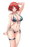  1girl absurdres alternate_costume arm_behind_head bikini black_bikini breasts chest_jewel collarbone cowboy_shot english_commentary highres large_breasts navel parfait_desu pyra_(xenoblade) red_eyes red_hair short_hair side-tie_bikini_bottom simple_background solo swimsuit tiara white_background xenoblade_chronicles_(series) xenoblade_chronicles_2 