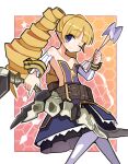  1girl archer_(disgaea) arrow_(projectile) bare_shoulders blonde_hair blue_eyes bow_(weapon) detached_sleeves disgaea dress drill_hair flat_chest highres holding holding_bow_(weapon) holding_weapon long_hair looking_at_viewer makai_senki_disgaea one_eye_closed pantyhose smile solo suaman twin_drills weapon 