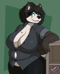  anthro arm_support belly_overhang big_breasts breasts bursting_out_of_clothing canid canine canis cleavage clothed clothing domestic_dog female hi_res husky kayla_(lonnyk) leaning_on_elbow leaning_on_object lonnyk mammal navel nordic_sled_dog overweight overweight_female solo spitz 