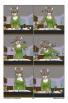  3d_background anthro black_nose border breasts brown_body brown_fur canid canine cheek_tuft chest_tuft cleavage clothed clothing colored comic dipstick_tail dishes facial_tuft female ferra_(vixen_logic) fox foxboy83 fur green_clothing green_shirt green_topwear grey_body grey_fur grey_hair hair hi_res inner_ear_fluff inside kitchen mammal markings purple_eyes shaded shirt sink sneeze solo standing tail tail_markings text tibetan_sand_fox tied_hair tootaloo topwear true_fox tuft url vixen_logic washing_dishes white_body white_border white_fur 