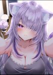  alternate_hairstyle animal_ear_fluff animal_ears bare_shoulders black_camisole blush breasts camisole cat_cutout cat_ears cat_girl cleavage clothing_cutout collarbone hair_over_one_eye highres hololive large_breasts long_hair nekomata_okayu nekomata_okayu_(1st_costume) nekomata_okayu_(membership) official_alternate_costume onigirya_(nekomata_okayu) purple_eyes purple_hair smile uchi1048 virtual_youtuber 
