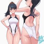  1girl adjusting_clothes adjusting_swimsuit ass back_cutout black_hair blue_eyes blush breasts circle_cutout closed_mouth clothing_cutout commission competition_swimsuit covered_navel cowboy_shot from_behind gridman_universe groin hand_on_own_hip high_ponytail highleg highleg_swimsuit highres long_hair medium_breasts multiple_views one-piece_swimsuit parted_lips pixiv_commission simple_background smile ssss.gridman swimsuit takarada_rikka thigh_gap thighs variant_set white_background white_one-piece_swimsuit yoo_tenchi 