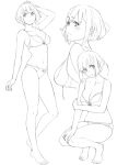  1girl barefoot blush bow bow_bra bow_panties bra breasts cleavage full_body lineart looking_back medium_breasts monochrome multiple_views original panties ryuuta_(msxtr) short_hair squatting standing underwear underwear_only upper_body wavy_mouth 