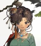  1girl bead_necklace beads black_hair blurry branch breasts brown_hair bug f6f gem green_shirt hair_ornament hair_stick highres jewelry jiu_niangzi long_hair necklace open_mouth reverse:1999 shirt simple_background solo spider tassel upper_body white_background 