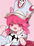  1girl commentary dot_nose hat hat_ornament highres jakuzure_nonon kill_la_kill lying on_side open_mouth pink_eyes pink_hair shako_cap skull_hat_ornament solo symbol-only_commentary yknsugar 