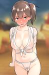  1girl alternate_costume blurry blurry_background blush breasts brown_eyes brown_hair collarbone covered_nipples embarrassed female_pubic_hair front-tie_top full-face_blush fundoshi furaggu_(frag_0416) highres japanese_clothes kaga_(kancolle) kantai_collection large_breasts long_hair looking_at_viewer mizu_happi navel pubic_hair see-through short_sidetail side_ponytail 