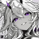  1girl animal_ear_fluff animal_ears close-up crossed_bangs double-parted_bangs eyelashes hair_between_eyes horns mitsu_(mitsu_art) monochrome original paid_reward_available purple_eyes purple_horns smile solo spot_color 