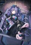  1girl absurdres blush bodysuit breasts choujigen_game_neptune covered_navel headgear highres impossible_bodysuit impossible_clothes latex long_hair looking_at_viewer medium_breasts neon_trim neptune_(series) next_purple power_symbol power_symbol-shaped_pupils purple_bodysuit purple_hair purple_heart_(neptunia) restrained see-through sitting skin_tight solo symbol-shaped_pupils xun_li_eins 