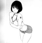  1girl adidas bad_id bad_pixiv_id black_hair breasts cleavage collarbone dende_(dndn222) greyscale highres leaning_forward looking_at_viewer medium_breasts monochrome original scan scan_artifacts short_hair shorts solo spaghetti_strap standing thighs traditional_media 
