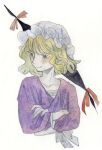  1girl blonde_hair crossed_arms gap_(touhou) hat highres kz_m_i long_sleeves looking_to_the_side maribel_hearn mob_cap painting_(medium) purple_eyes purple_shirt shirt short_hair simple_background smile solo touhou traditional_media upper_body watercolor_(medium) white_background 
