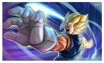  1boy artist_name aura blonde_hair blue_background blue_pants blue_sash blue_shirt border dbrxe dougi dragon_ball dragon_ball_z earrings energy energy_sword gloves green_eyes highres jewelry male_focus medium_hair muscular muscular_male open_mouth orange_shirt pants potara_earrings sash shirt short_sleeves sleeveless sleeveless_shirt solo speed_lines spiked_hair super_saiyan super_saiyan_1 sword teeth upper_body vegetto weapon white_border white_gloves 