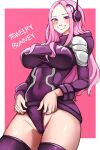 1girl anti-eyebrow_piercing blush bodysuit breasts cameltoe covered_navel headset highres jewelry_bonney kasumi_6 large_breasts lipstick long_hair looking_at_viewer makeup official_alternate_costume one_piece pink_hair pink_lips purple_eyes smile solo thighs 