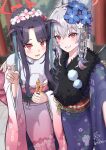  2girls black_hair black_sash blue_archive blue_flower blush braid dango dated floral_print_kimono flower food fur-trimmed_kimono fur_trim furisode fuuka_(blue_archive) fuuka_(new_year)_(blue_archive) grey_hair grin hair_between_eyes hair_bun hair_flower hair_on_horn hair_ornament halo hampem7 hand_on_another&#039;s_shoulder happy_new_year haruna_(blue_archive) haruna_(new_year)_(blue_archive) highres holding holding_food japanese_clothes kimono looking_at_viewer mitarashi_dango multiple_girls obi open_mouth pink_flower pink_kimono pink_sash purple_kimono red_halo sash short_hair_with_long_locks side_braid sidelocks signature single_hair_bun smile twitter_username v wagashi 