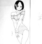  1girl bad_id bad_pixiv_id bare_shoulders bikini black_hair dende_(dndn222) earrings greyscale highres hoop_earrings jewelry looking_at_viewer monochrome original scan scan_artifacts short_hair solo standing swimsuit traditional_media 