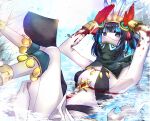  1girl arms_up aztec blood blood_on_hands bracer colored_inner_hair facepaint fate/grand_order fate_(series) feathers grey_eyes halterneck headdress high_collar highres jewelry looking_at_viewer multicolored_hair short_hair solo tassel tenochtitlan_(fate) tenochtitlan_(first_ascension)_(fate) unwadachi water 