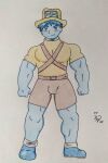  2024 absurd_res barazoku biceps big_muscles big_pecs blue_body blue_clothing blue_eyes blue_footwear blue_hair blue_shoes blue_skin bottomwear brown_bottomwear brown_clothing brown_shorts bulge clothed clothing dashthefox footwear hair hat headgear headwear hi_res human human_only looking_at_viewer male mammal manly muscular muscular_arms muscular_human muscular_male not_furry pecs shirt shoes shorts simple_background smile topwear traditional_media_(artwork) white_background 