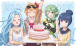  4girls absurdres ahoge arm_up birthday black_gloves blue_hair cake closed_eyes confetti eyewear_on_head food girls&#039;_frontline gloves goblin_slayer goblin_slayer! granblue_fantasy green_hair hair_bun happy_birthday high_elf_archer_(goblin_slayer!) highres kalina_(girls&#039;_frontline) lyria_(granblue_fantasy) multiple_girls one_eye_closed orange_hair party_popper pointy_ears pralinesquire purple_eyes red_ribbon ribbon sunglasses touyama_nao voice_actor_connection yurucamp 