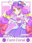  1girl bow bow_earrings capelet character_name choker cure_coral dated dress earrings eyelash_ornament facial_mark fingerless_gloves gloves hair_bow happy_birthday hat heart heart_facial_mark heart_in_eye jewelry long_hair looking_at_viewer magical_girl multi-tied_hair precure purple_capelet purple_choker purple_dress purple_hair sailor_hat shell_brooch shell_hat_ornament smile solo suzumura_sango symbol_in_eye tanshi_tanshi tropical-rouge!_precure upper_body white_gloves yellow_bow 