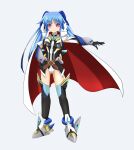  1girl armored_shoes blue_hair cape cosplay full_body gloves hands_on_own_hips highres kazanari_tsubasa kazanari_tsubasa_(cosplay) leotard leotard_peek levi_the_slasher lyrical_nanoha mahou_shoujo_lyrical_nanoha_detonation official_alternate_costume oshimaru026 outstretched_arm pink_eyes senki_zesshou_symphogear senki_zesshou_symphogear_xd_unlimited solo standing thighhighs twintails two-sided_cape two-sided_fabric 