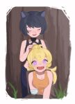  2girls ahoge amputee animal_ears bare_hips black_hair blake_belladonna blonde_hair cat_ears closed_eyes crop_top grass hairdressing highres long_hair looking_up midriff multiple_girls open_mouth orange_tank_top p6oosz ponytail purple_eyes rwby short_hair sitting smile tank_top tree yang_xiao_long yuri 