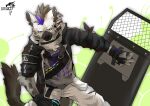  2019 anthro arknights bandolier clothing collar ear_piercing eyebrow_piercing facial_piercing fingerless_gloves fur gloves grey_body grey_fur hair handwear hi_res hyena hypergryph jacket lansanhuai looking_at_viewer male mammal markings piercing riot_shield shield solo spot_(arknights) spots spotted_body spotted_fur spotted_hyena studio_montagne tail topwear 