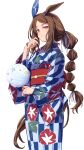  1girl admire_vega_(umamusume) alternate_costume animal_ears braid brown_hair closed_mouth commentary_request cotton_candy ear_covers floral_print food hair_between_eyes hair_ornament highres holding holding_food horse_ears horse_girl horse_tail japanese_clothes kimono long_hair long_sleeves looking_at_viewer low_ponytail ponytail purple_eyes ribbon simple_background single_ear_cover smile solo starheart tail umamusume very_long_hair white_background wide_sleeves 