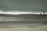  2others bare_tree cloud cloudy_sky cross grass grey_sky highres mouen_tw multiple_others night original painting_(medium) scenery sky traditional_media tree watercolor_(medium) 